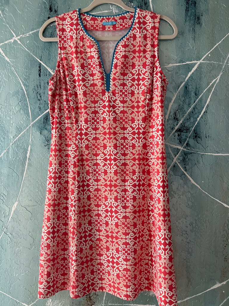 J. Mclaughlin Coral & White Sleeveless Printed Shift With Blue Trim